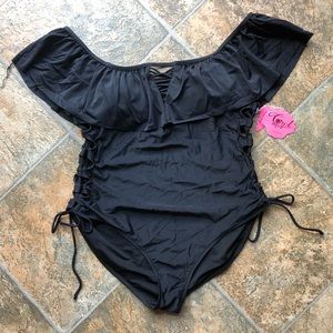 Black Off the Shoulder Lace Up One Piece Swim Suit